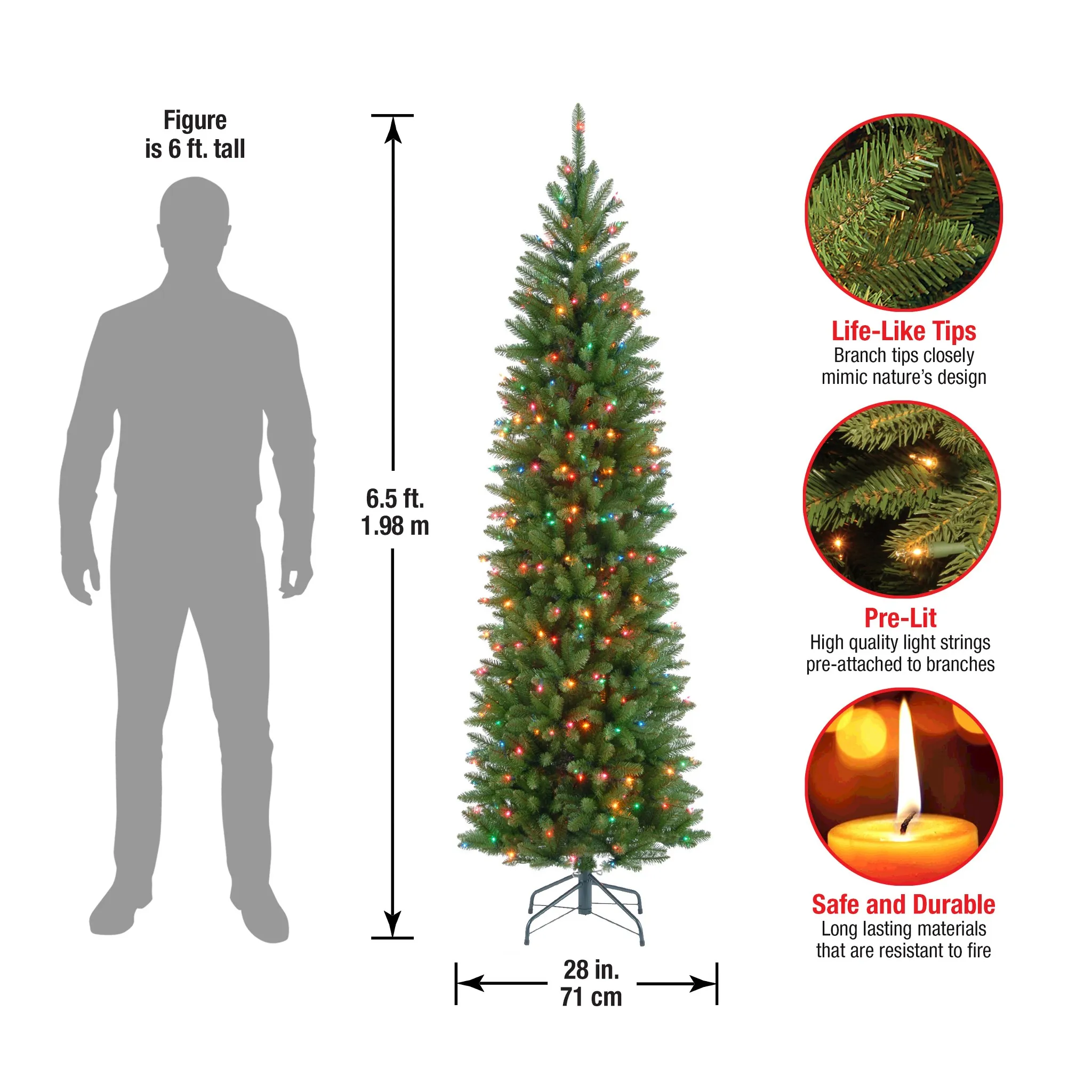 6.5' Prelit Slim Artificial Christmas Tree - Multicolored Lights - Image 4
