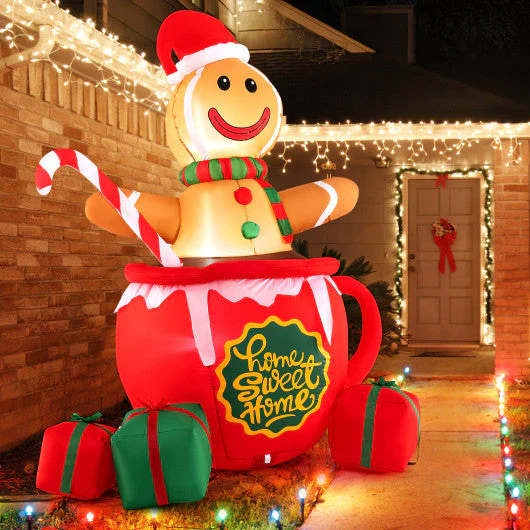 7 Feet Inflatable Gingerbread Man in Hot Cocoa Mug With Built-in LED Lights and Gift Boxes - Image 5