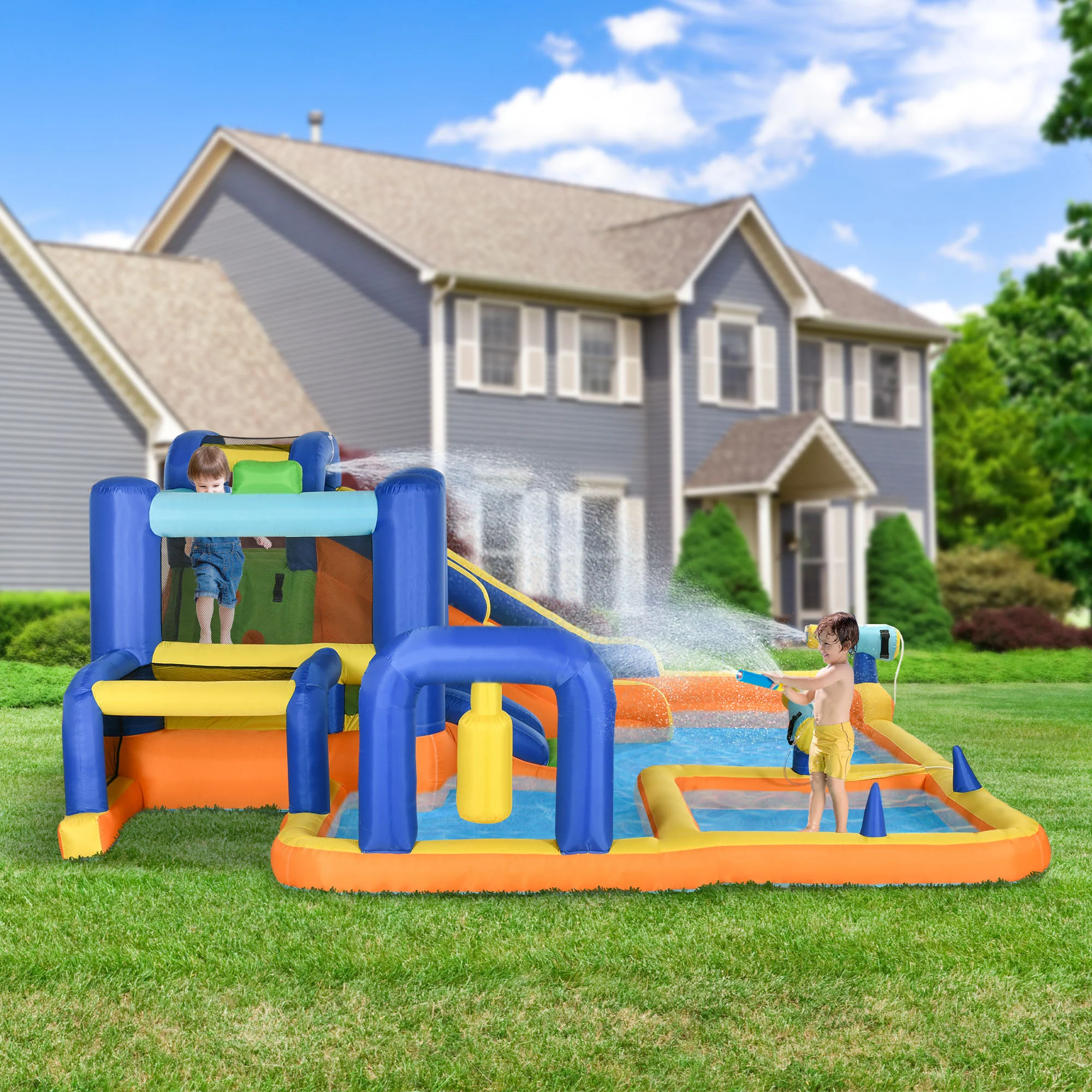 7 in 1 Water Slide w/ Slide Pool Climbing Wall Water Cannon Basketball Hoop Boxing Post Football Stand for 3-8 Years - Image 2