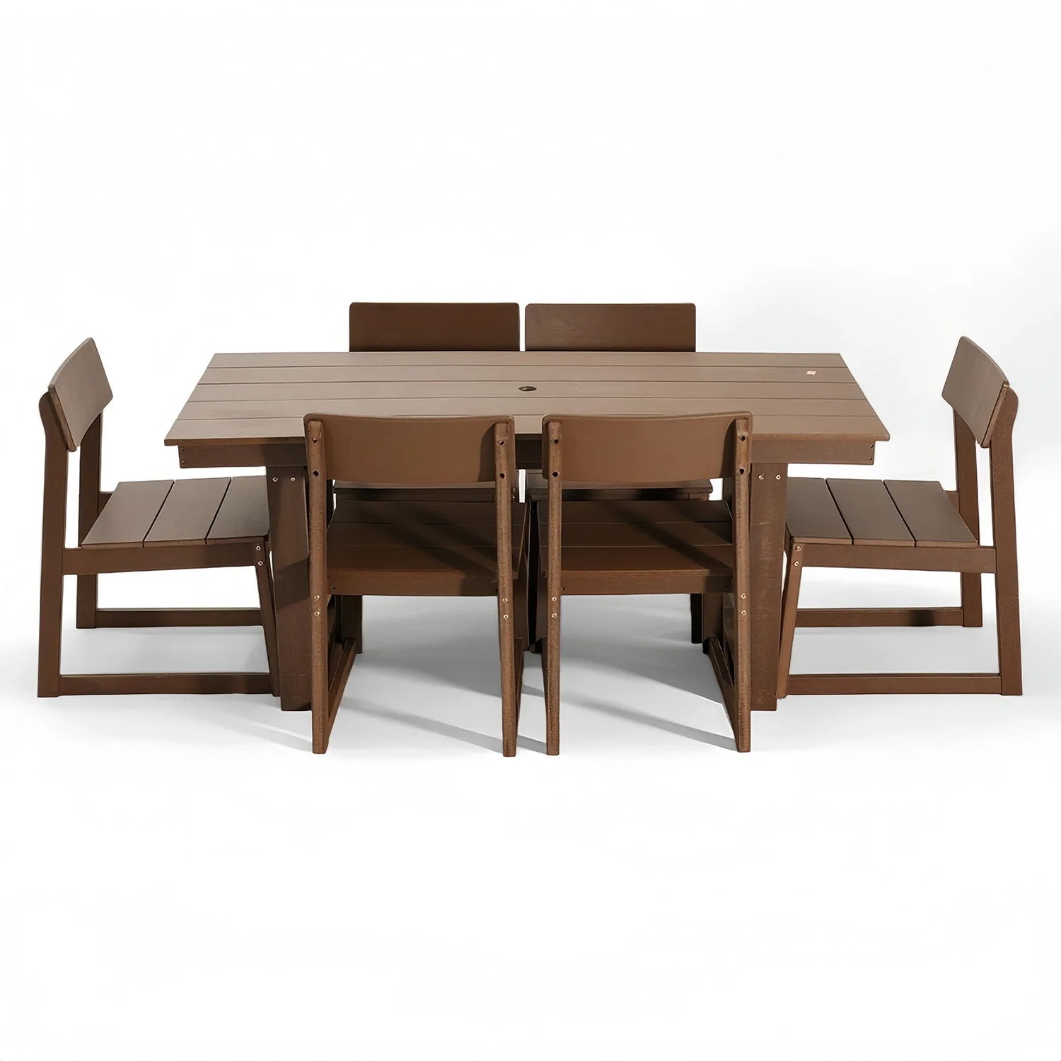 7 Piece Outdoor Dining Set for 6, Table With Umbrella Hole & 6 Armless Chairs for Backyard - Brown - Image 4