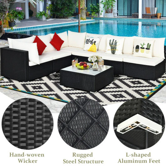 7-Piece Outdoor Sectional Wicker Patio Sofa Set With Tempered Glass Top-Beige - Image 3