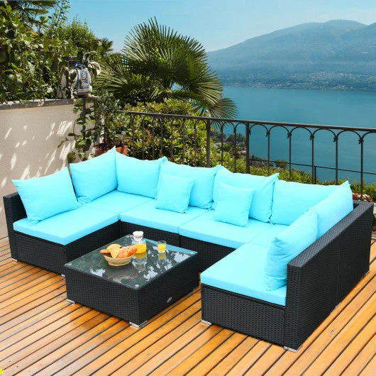 7-Piece Outdoor Sectional Wicker Patio Sofa Set With Tempered Glass Top-Blue - Image 7
