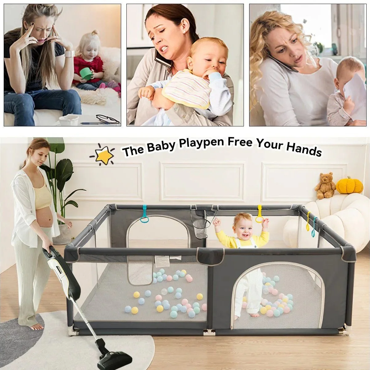 71"x59" 4-Panel Baby Playpen Spacious & Secure Foldable Playard Gray - Image 3