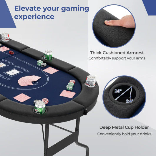 72 Inch Foldable Poker Table for 8 Players Portable Oval Card Board Game Table-Blue - Image 3