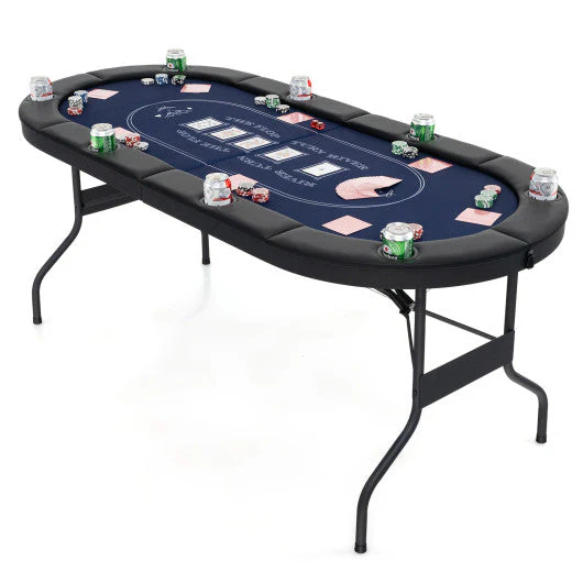 72 Inch Foldable Poker Table for 8 Players Portable Oval Card Board Game Table-Blue - Image 8