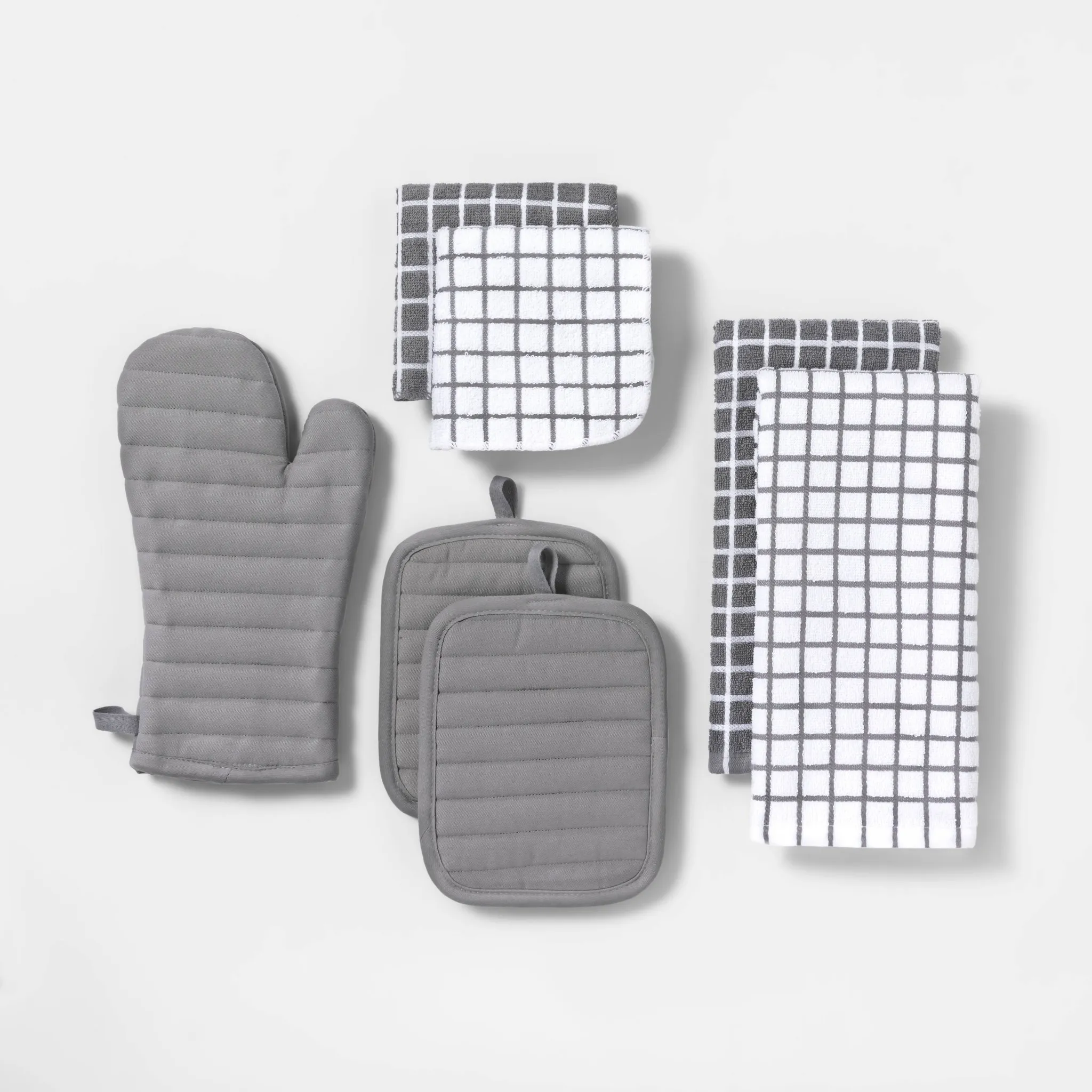 7pc Cotton Kitchen Textile Set Gray - ™: Includes Towels, Pot Holders, Oven Mitts, Dish Cloths