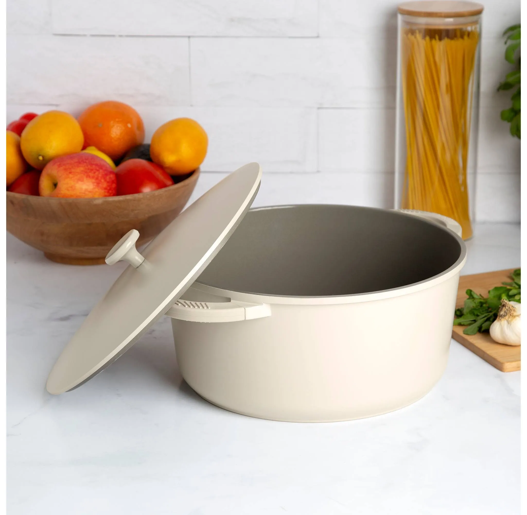 7qt Cast Aluminum, Ceramic Stock Pot with Lid, Side Handles and Silicone Grip Cream: Dishwasher-Safe Cooking Pot - Image 4