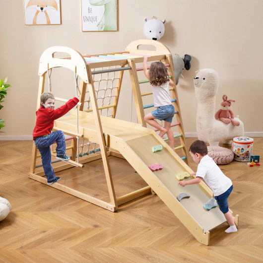 8-in-1 Jungle Gym Wooden Montessori Climber Playset With Slide and Monkey Bar for Kids 3-5 Years Old-Multicolor - Image 2
