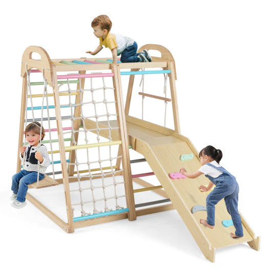 8-in-1 Jungle Gym Wooden Montessori Climber Playset With Slide and Monkey Bar for Kids 3-5 Years Old-Multicolor - Image 3