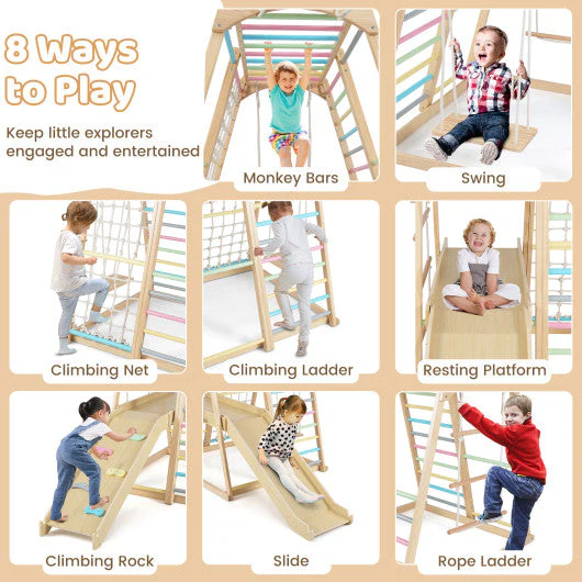 8-in-1 Jungle Gym Wooden Montessori Climber Playset With Slide and Monkey Bar for Kids 3-5 Years Old-Multicolor - Image 5