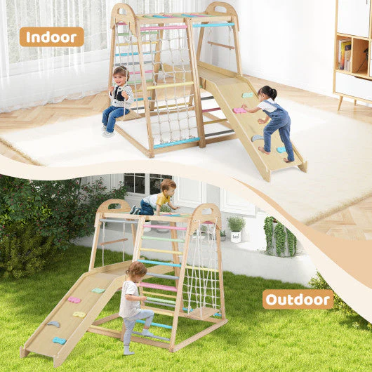 8-in-1 Jungle Gym Wooden Montessori Climber Playset With Slide and Monkey Bar for Kids 3-5 Years Old-Multicolor - Image 8