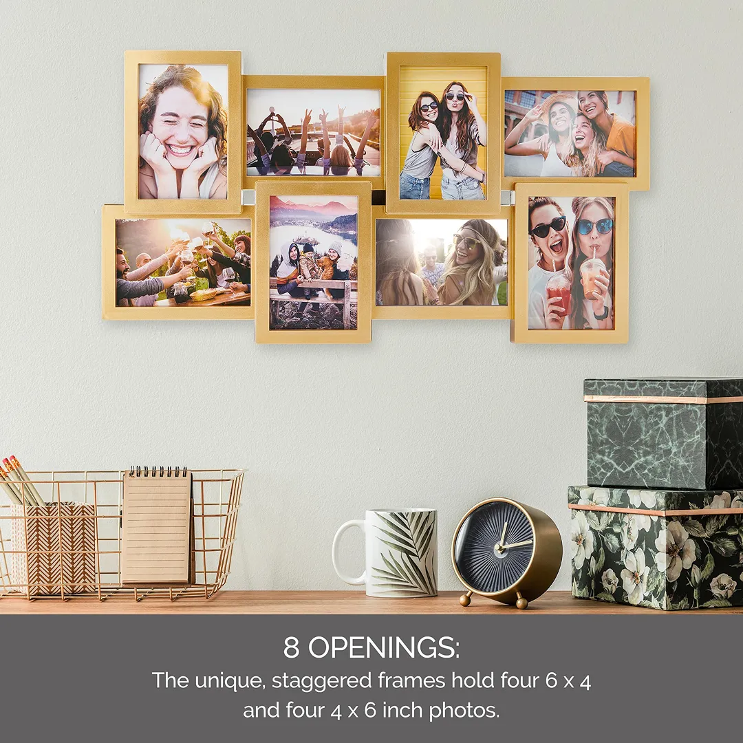 8 Opening Photo Collage Frame, Displays Four 4x6 and Four 6x4 Inch Photos, Gold, 23.23x11.22x0.98 Inch - Image 2