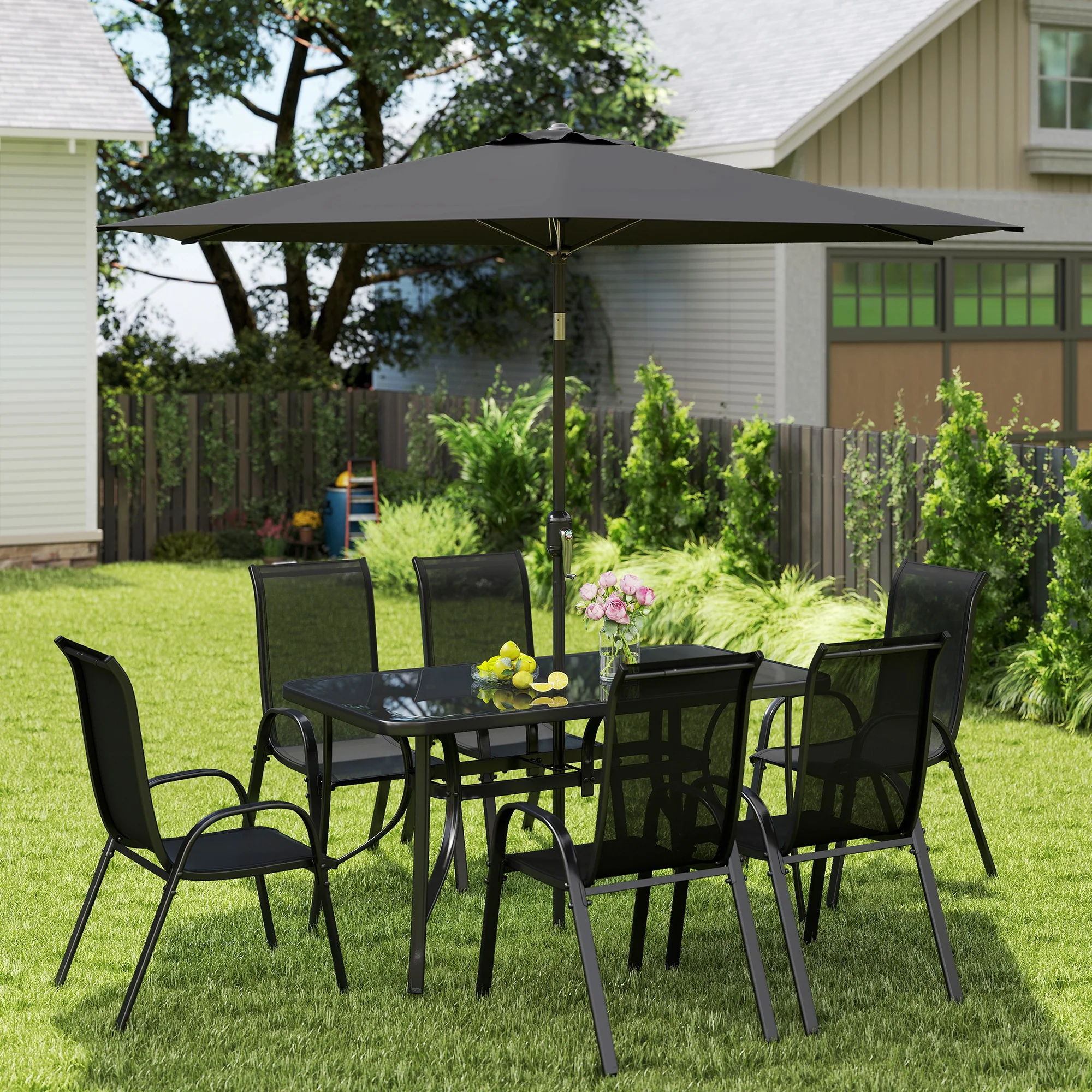 8 Pieces Patio Furniture Set with 9Ft Patio Umbrella, Outdoor Dining Table and Chairs, Black - Image 2