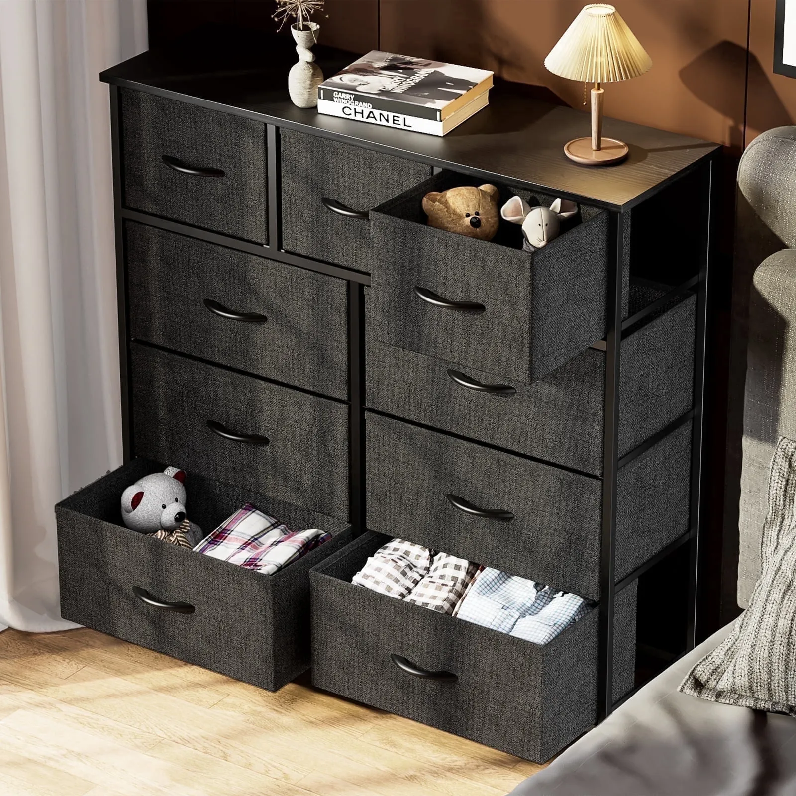 9-Drawer Fabric Dresser Storage Chest - Black - Image 3