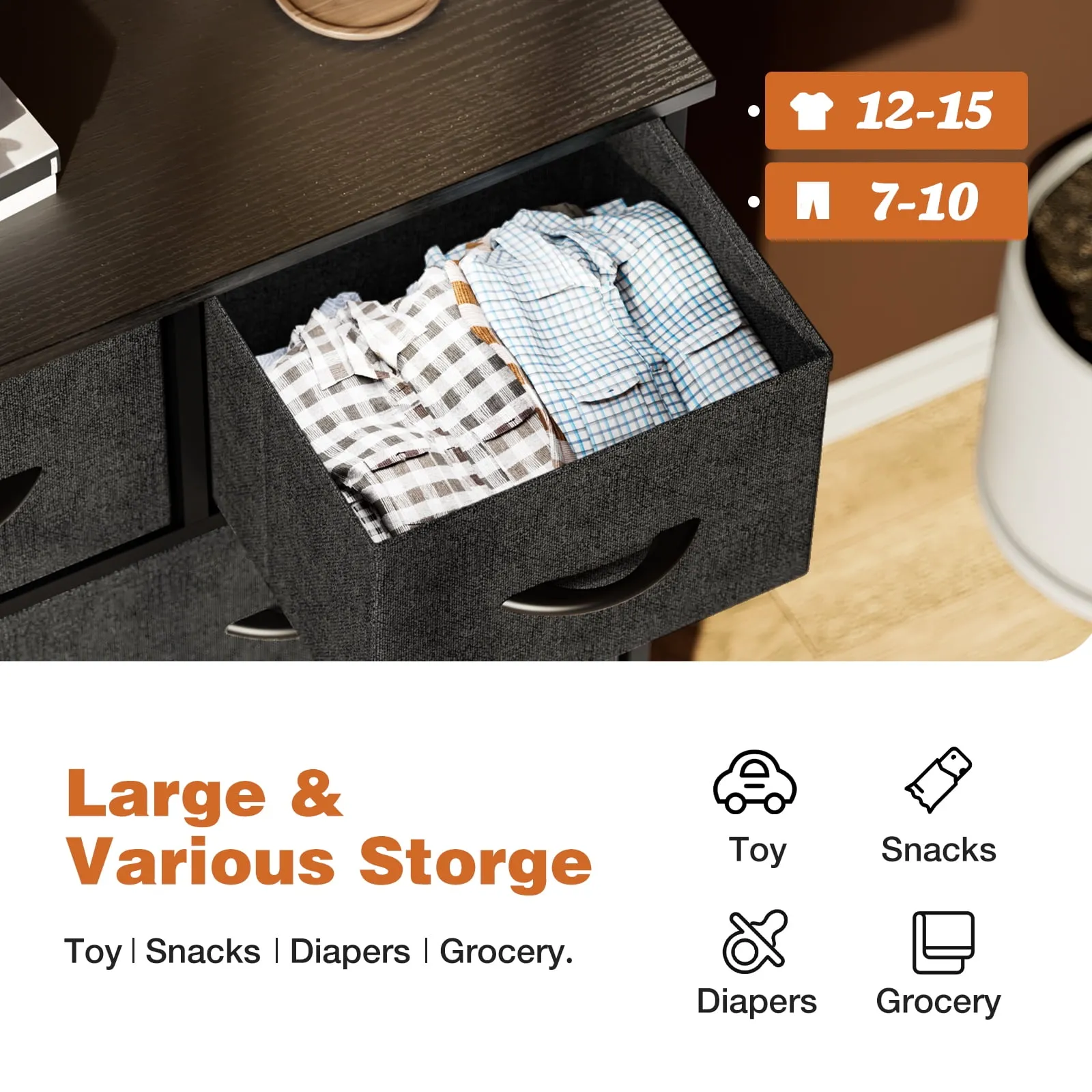 9-Drawer Fabric Dresser Storage Chest - Black - Image 4