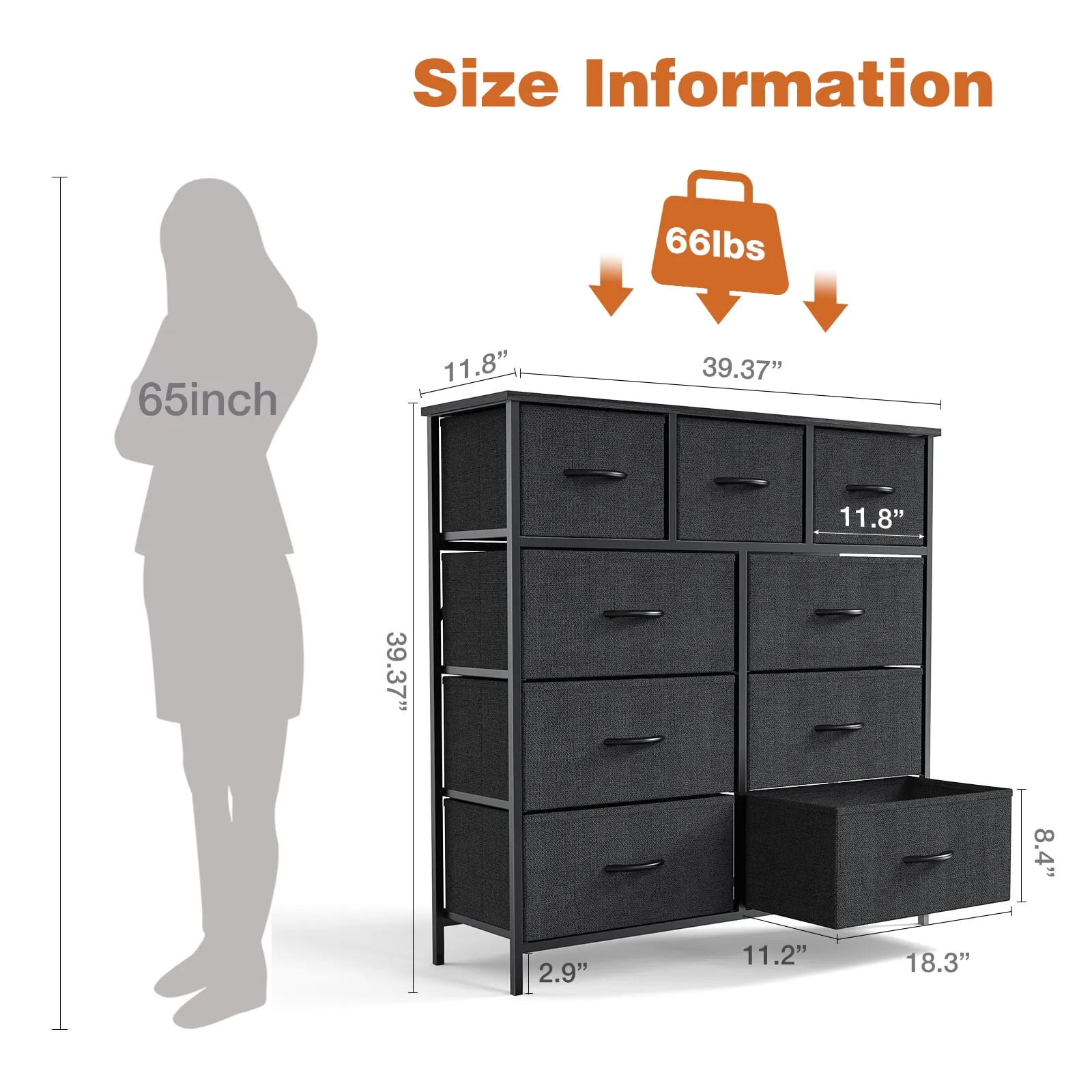 9-Drawer Fabric Dresser Storage Chest - Black - Image 5