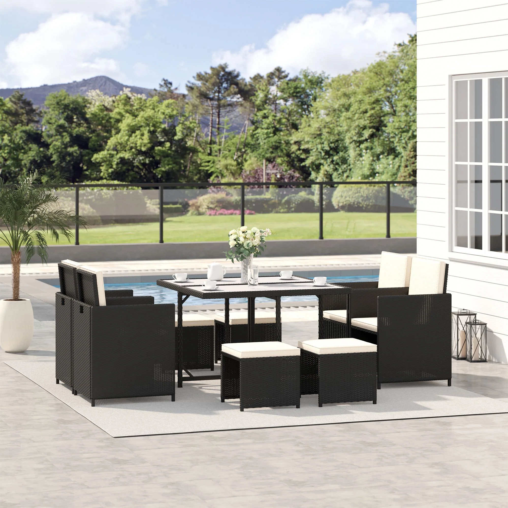 9 Pieces Outdoor Dining Set for 8, Space Saving Wicker Chairs and Square Glass Table with Cushions and Ottomans, Rattan Conversation Patio Furniture Set for Garden, Black/Cream White - Image 2