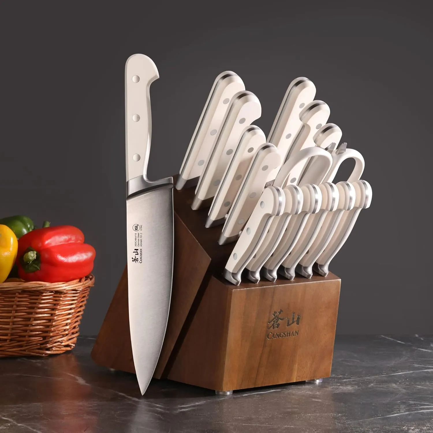 Adams Series German Steel Forged 15-Piece Knife Block Set, White - Image 5