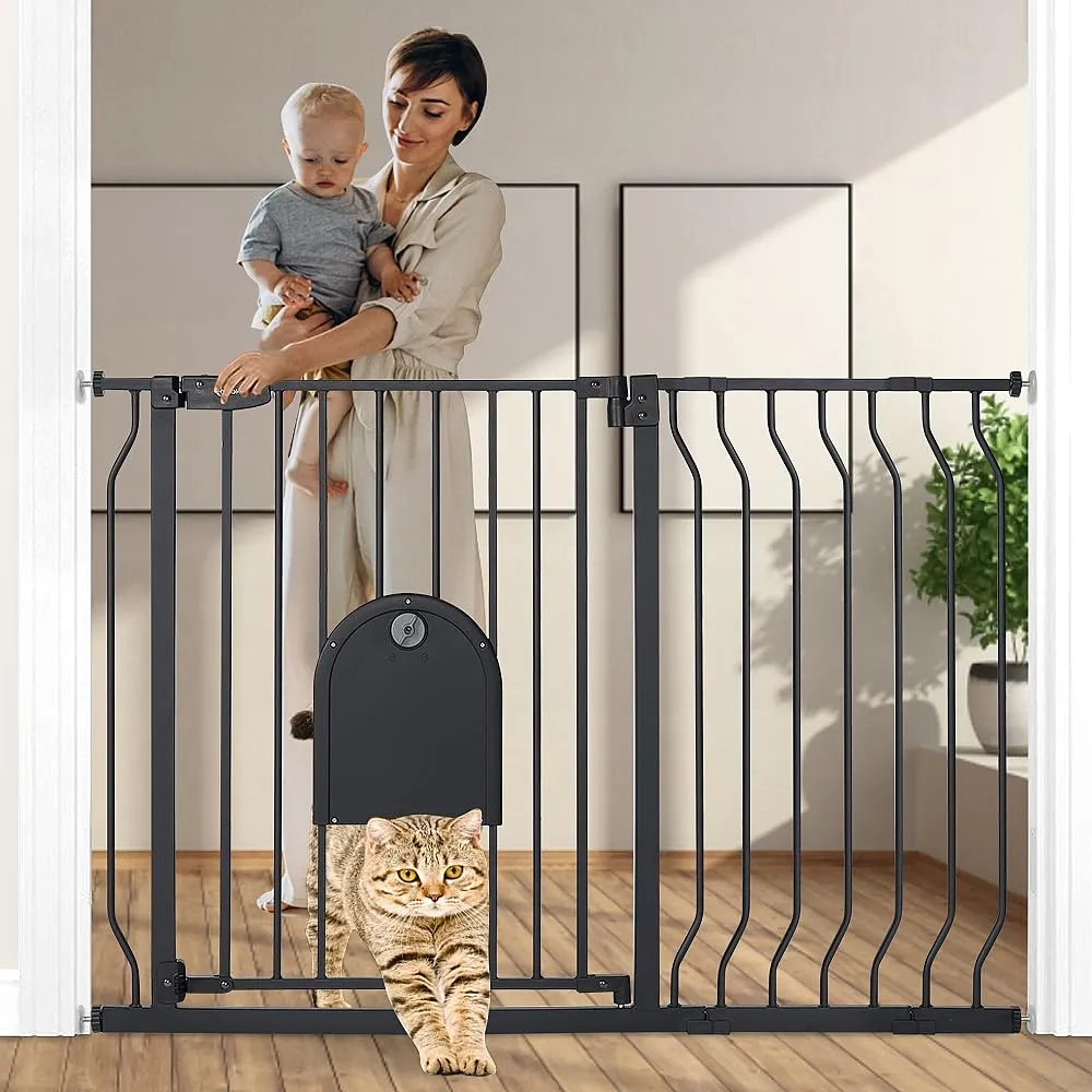 Adjustable Baby Gate with Cat Door - Black