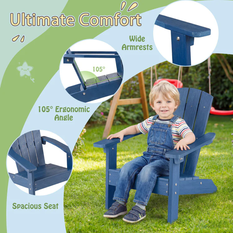 All-Weather HDPE Kid's Adirondack Chair With With High Backrest and Armrests-Blue - Image 2