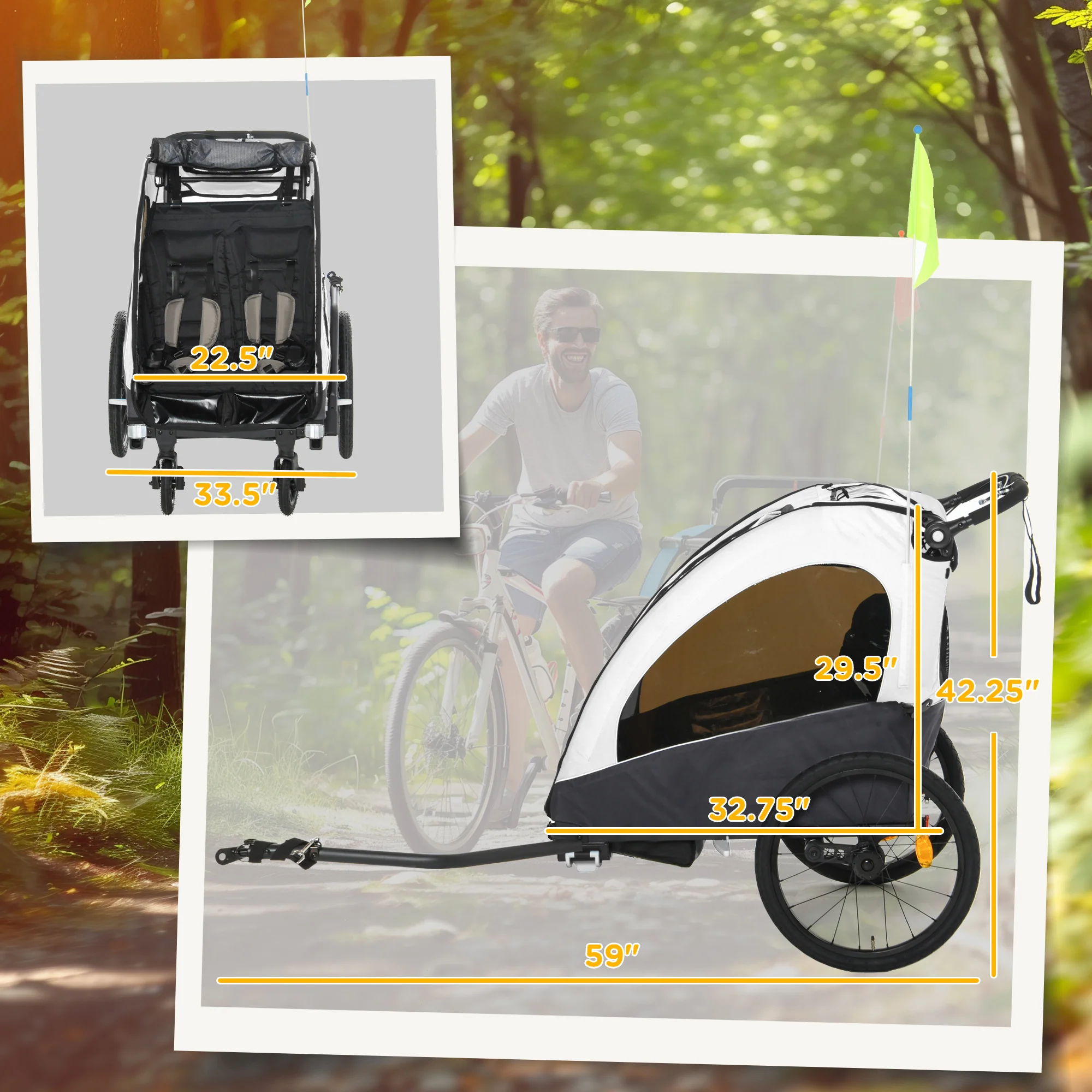 Aosom Bike Trailer for Kids 3 In1 Foldable Child Jogger Stroller Baby Stroller Transport Carrier with Shock Absorber System Rubber Tires Adjustable Handlebar Kid Bicycle Trailer White and Grey - Image 2