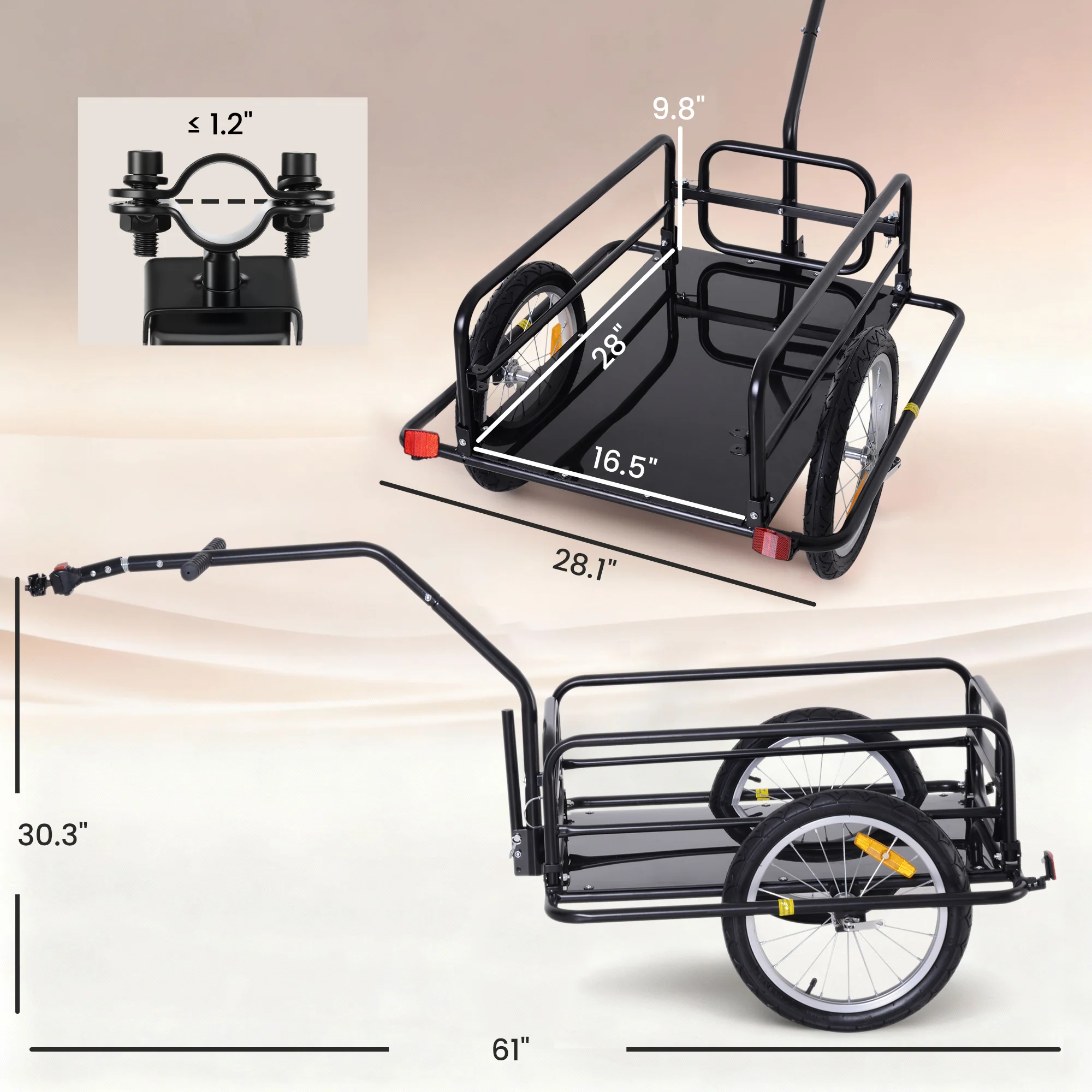 Aosom Foldable Bike Cargo Trailer Cart with Hitch, 88 lbs. Capacity, Black - Image 2