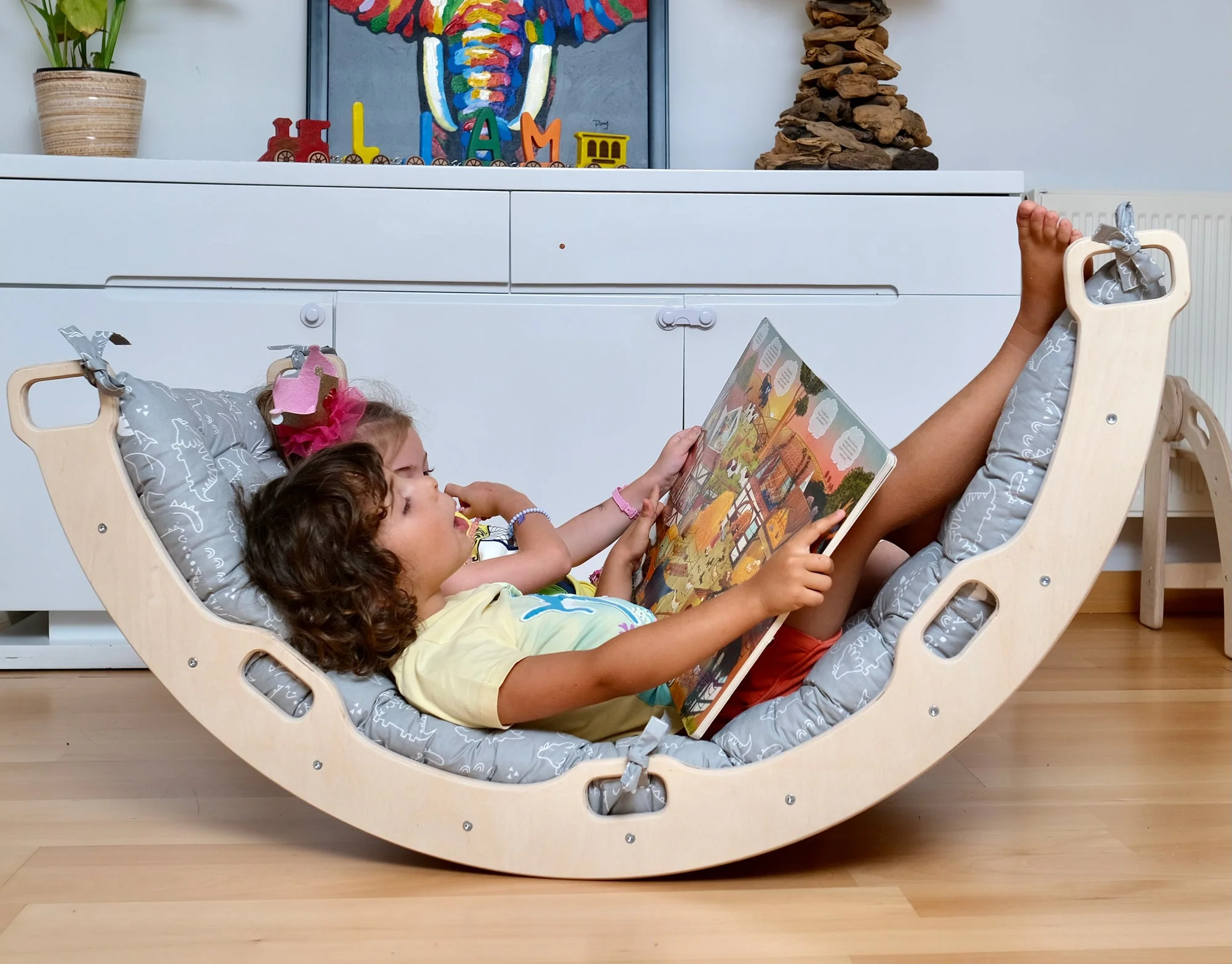 Montessori Arch/Rocker With Gray Dinosaur Pattern Pillow Set - Image 15