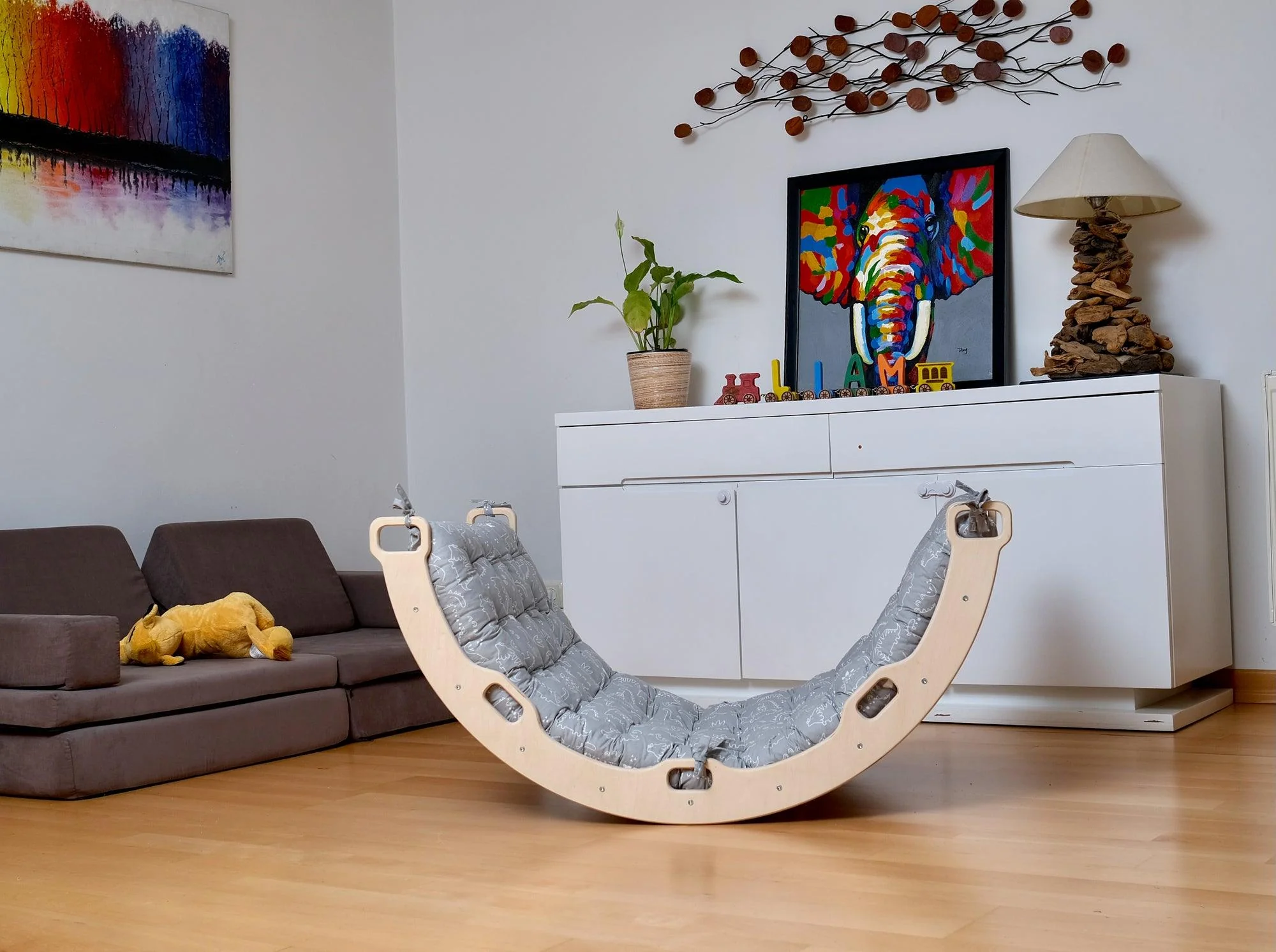 Montessori Arch/Rocker With Gray Dinosaur Pattern Pillow Set - Image 3