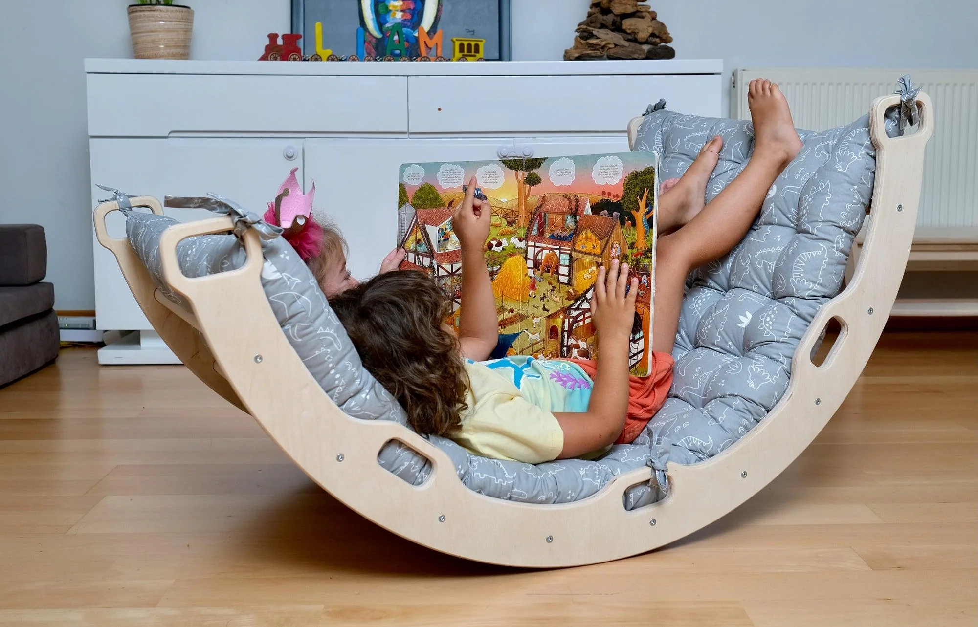 Montessori Arch/Rocker With Gray Dinosaur Pattern Pillow Set - Image 6