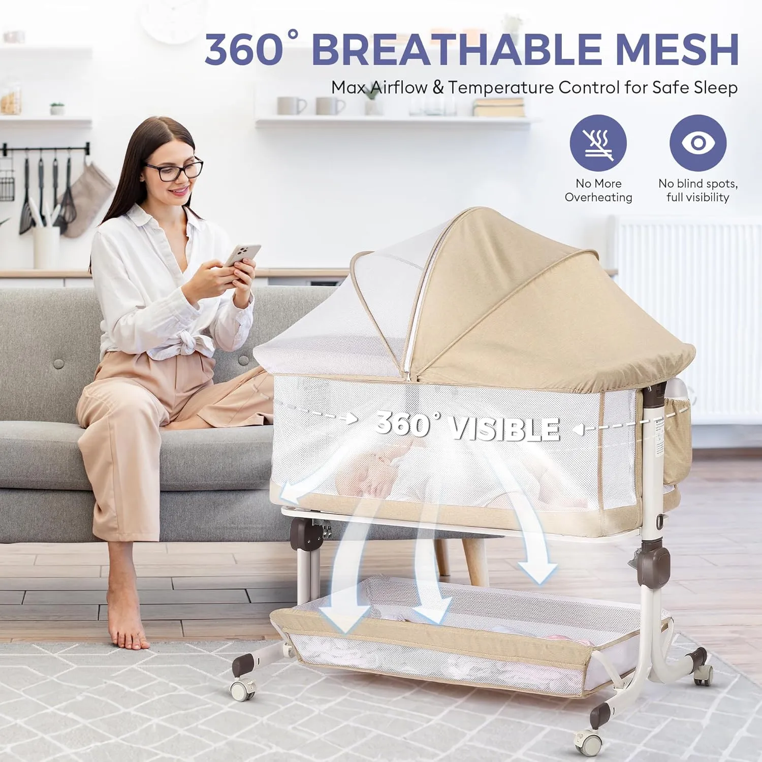 Baby Bassinet Bedside Sleeper - Oatmeal - Image 4