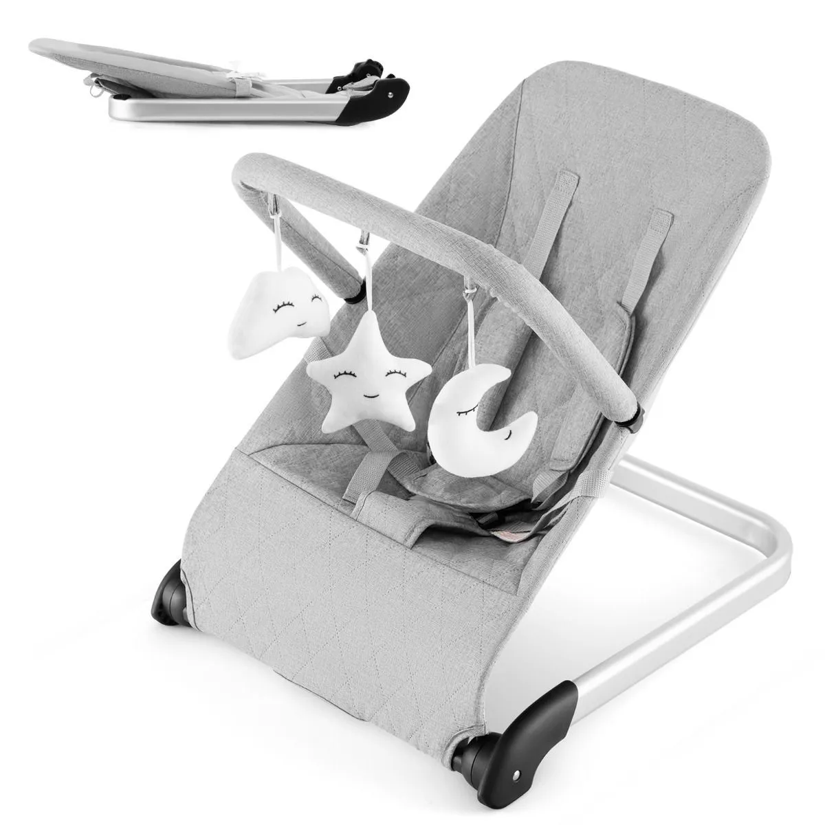 Baby Bouncer - Foldable - With Seat Belt and Toy Bar - 47 x 54 x 50 cm - Gray - Image 3