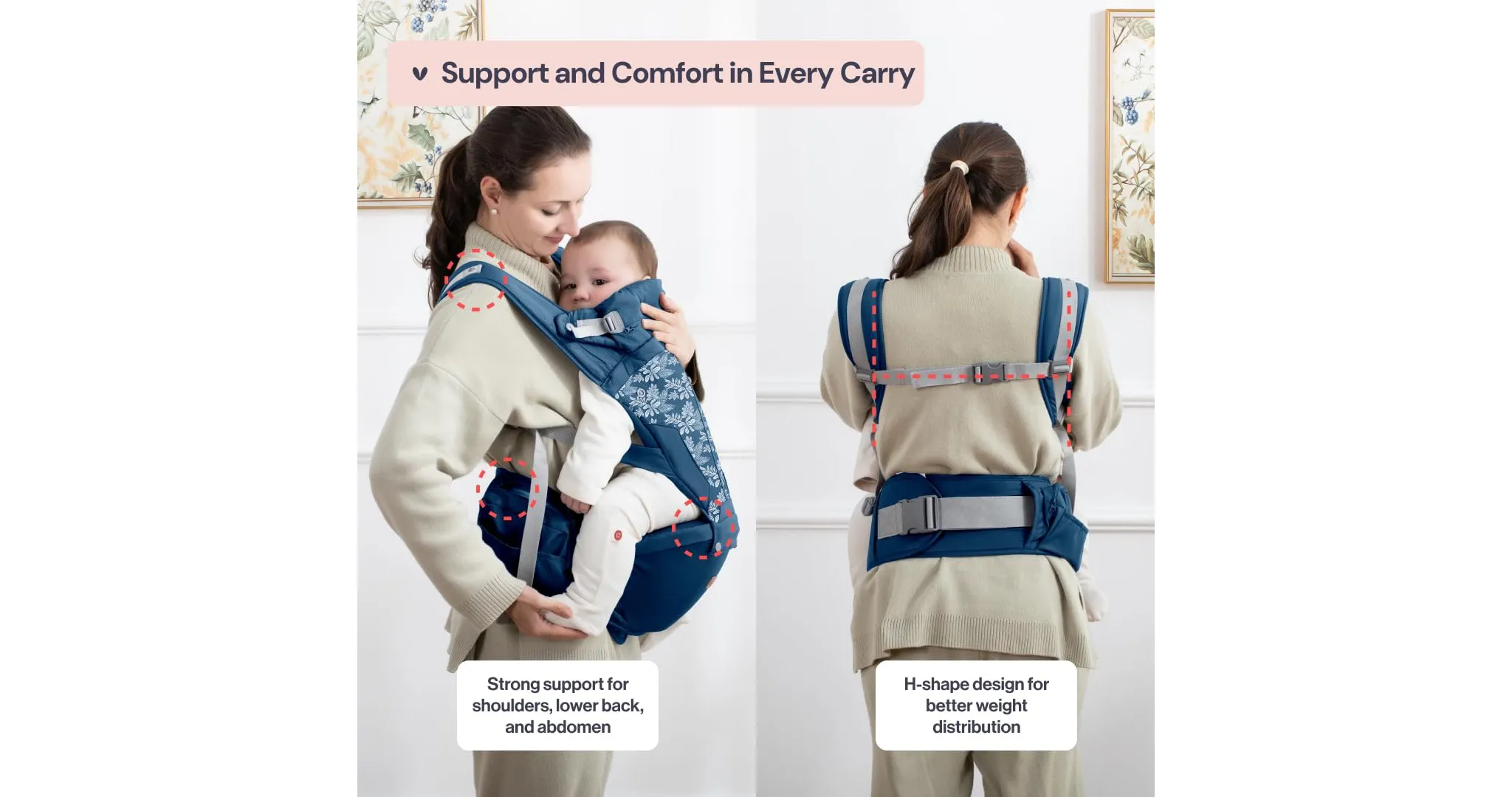 Baby Carrier with Hip Seat and Lumbar Support - Denim Leaves - Image 4