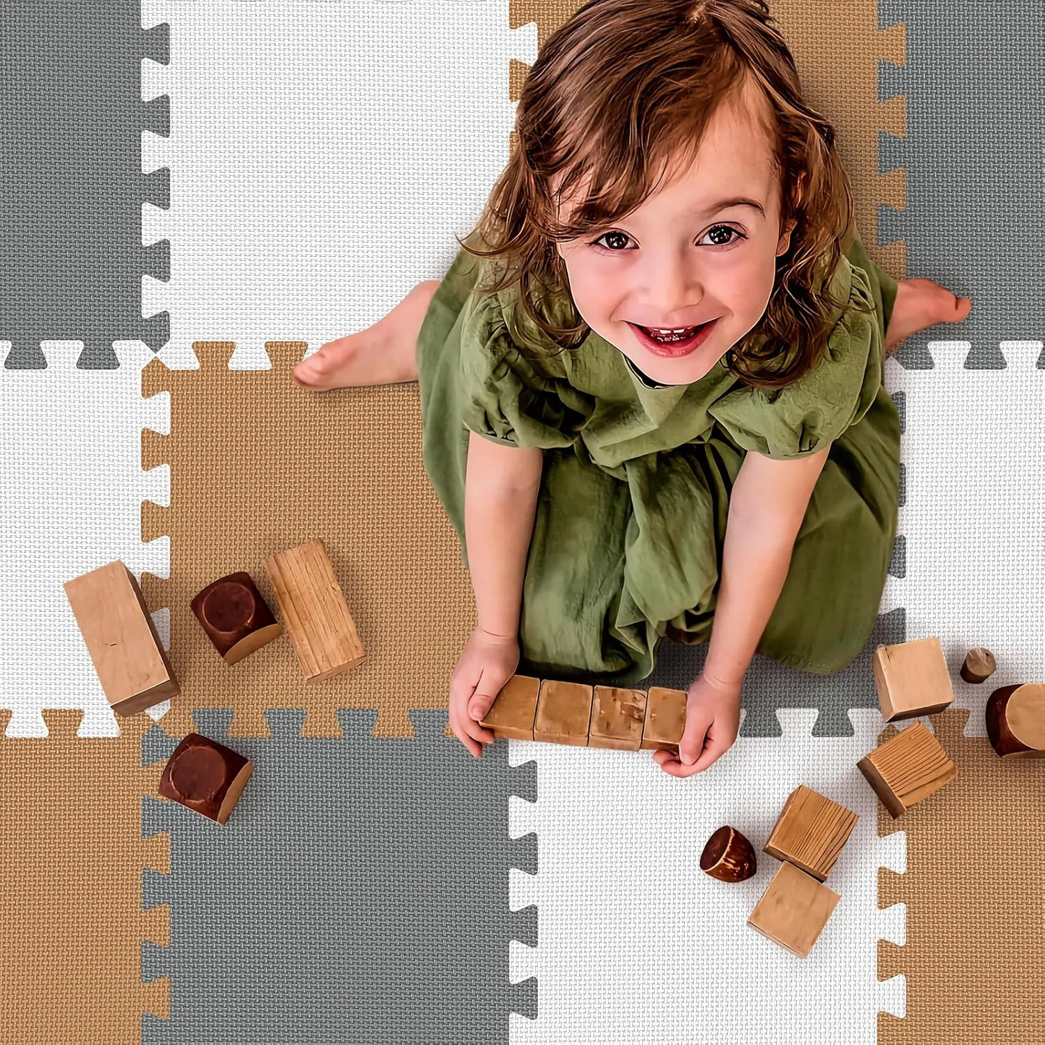Baby Play Mat - Interlocking Foam Tiles for Kids - Grey White Brown