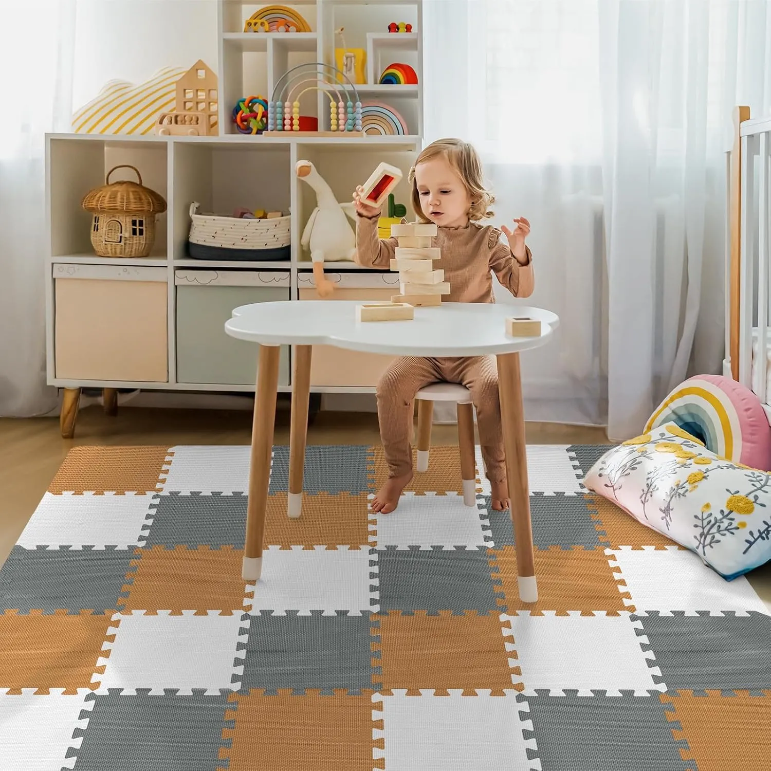 Baby Play Mat - Interlocking Foam Tiles for Kids - Grey White Brown - Image 2