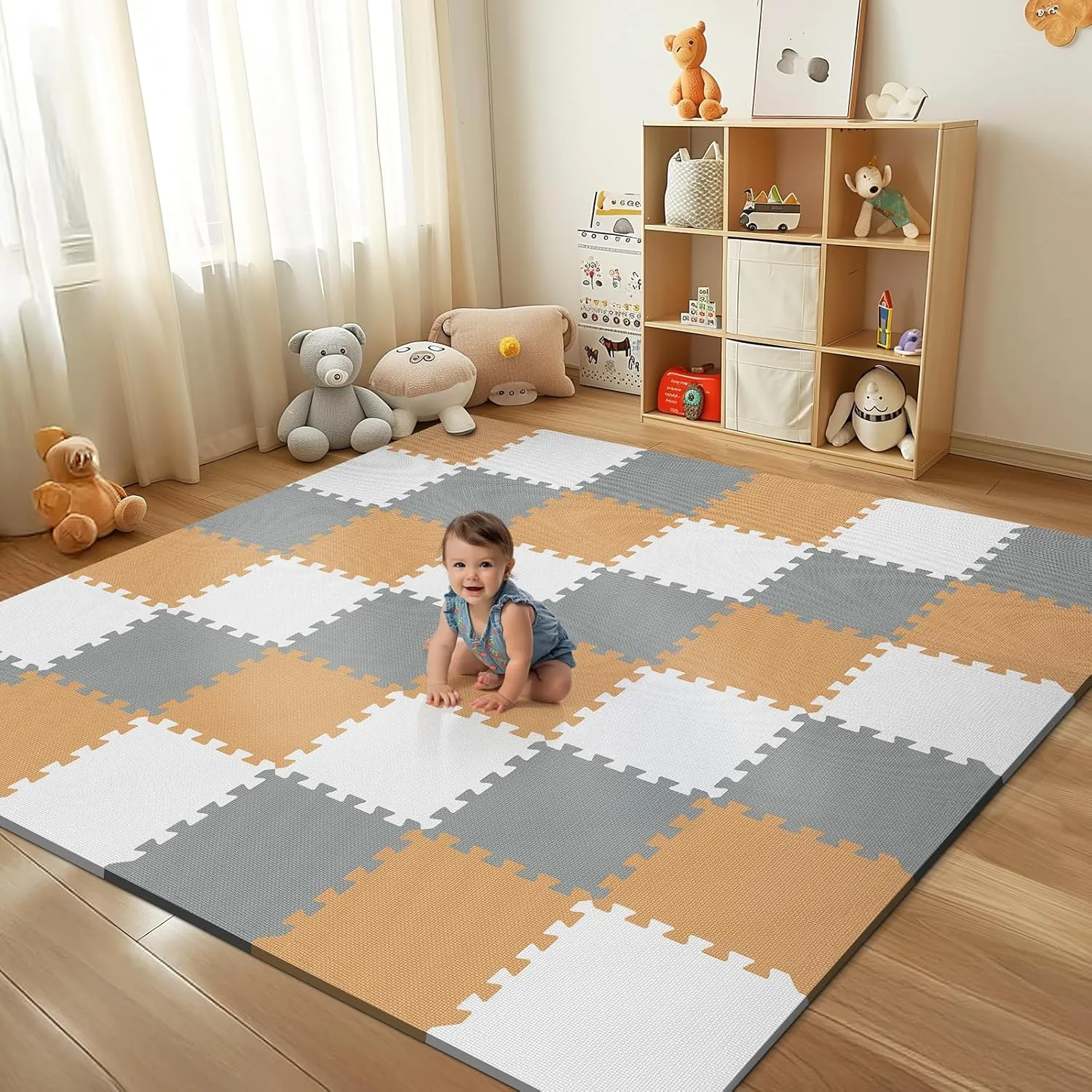 Baby Play Mat - Interlocking Foam Tiles for Kids - Grey White Brown - Image 4