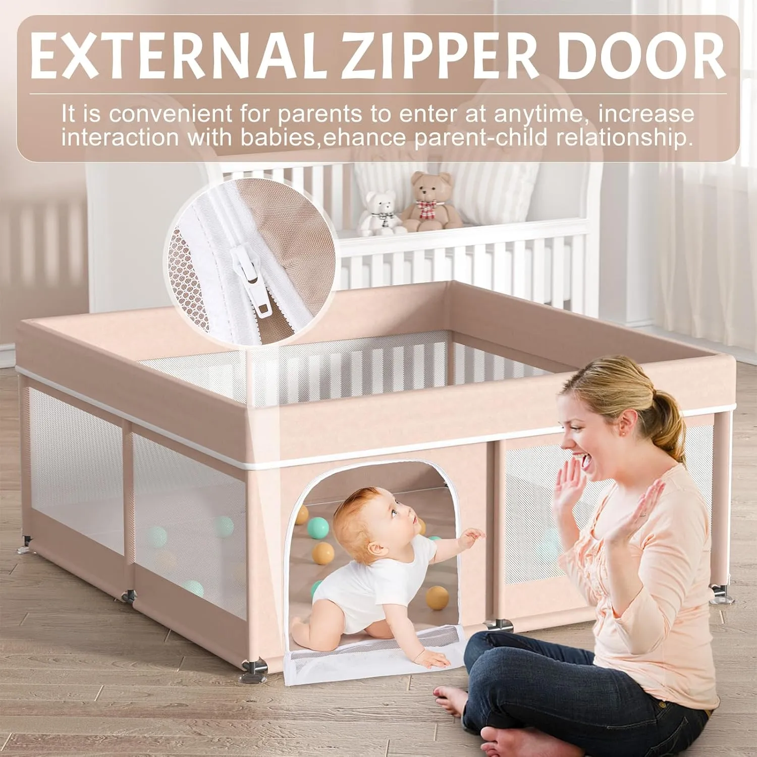 Baby Playpen with Mat 50x50inch: Beige - Image 4