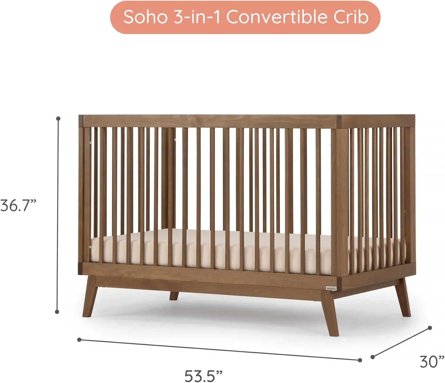 Baby Soho 3-in-1 Convertible Crib to Toddler Bed - Walnut - Image 2