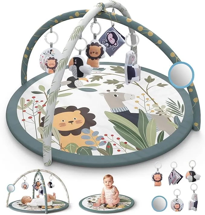 Baby Tummy Time Play Mat, Baby Play Gym Mat with 6 Detachable Sensory Toys for Baby Activity Gym, Newborn Play Mat for Sensory Development and Motor Skills(Animal)