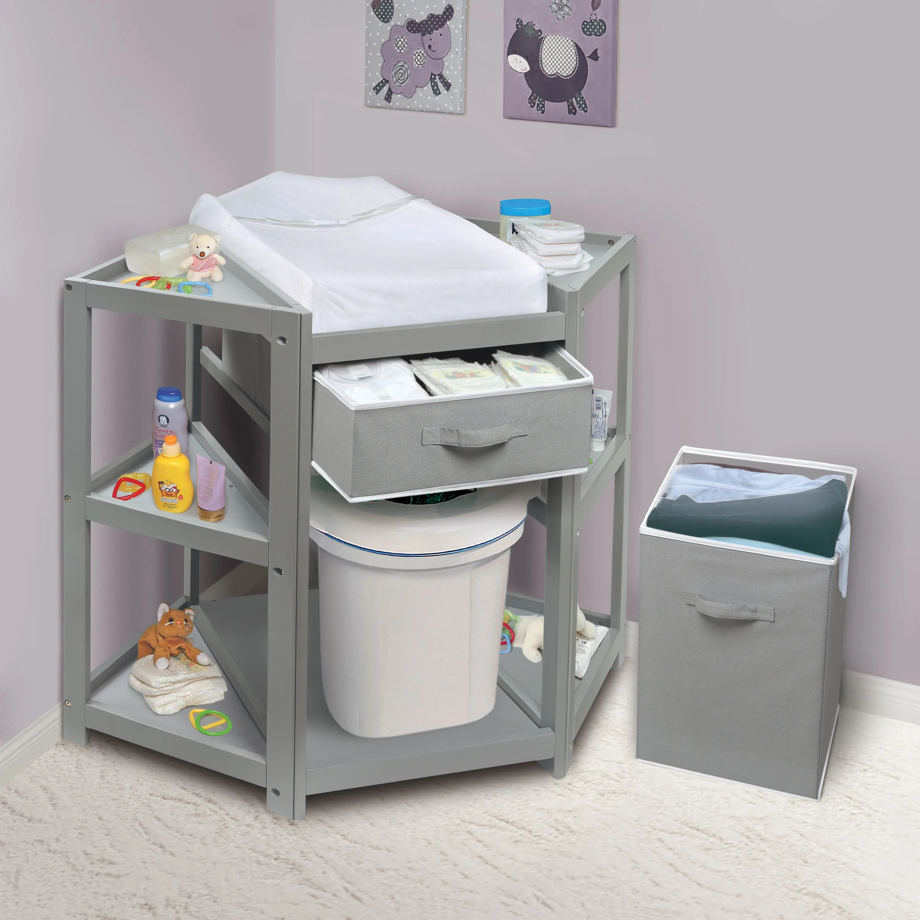 Badger Basket Diaper Corner Baby Changing Table with Hamper and Basket - Gray - Image 2