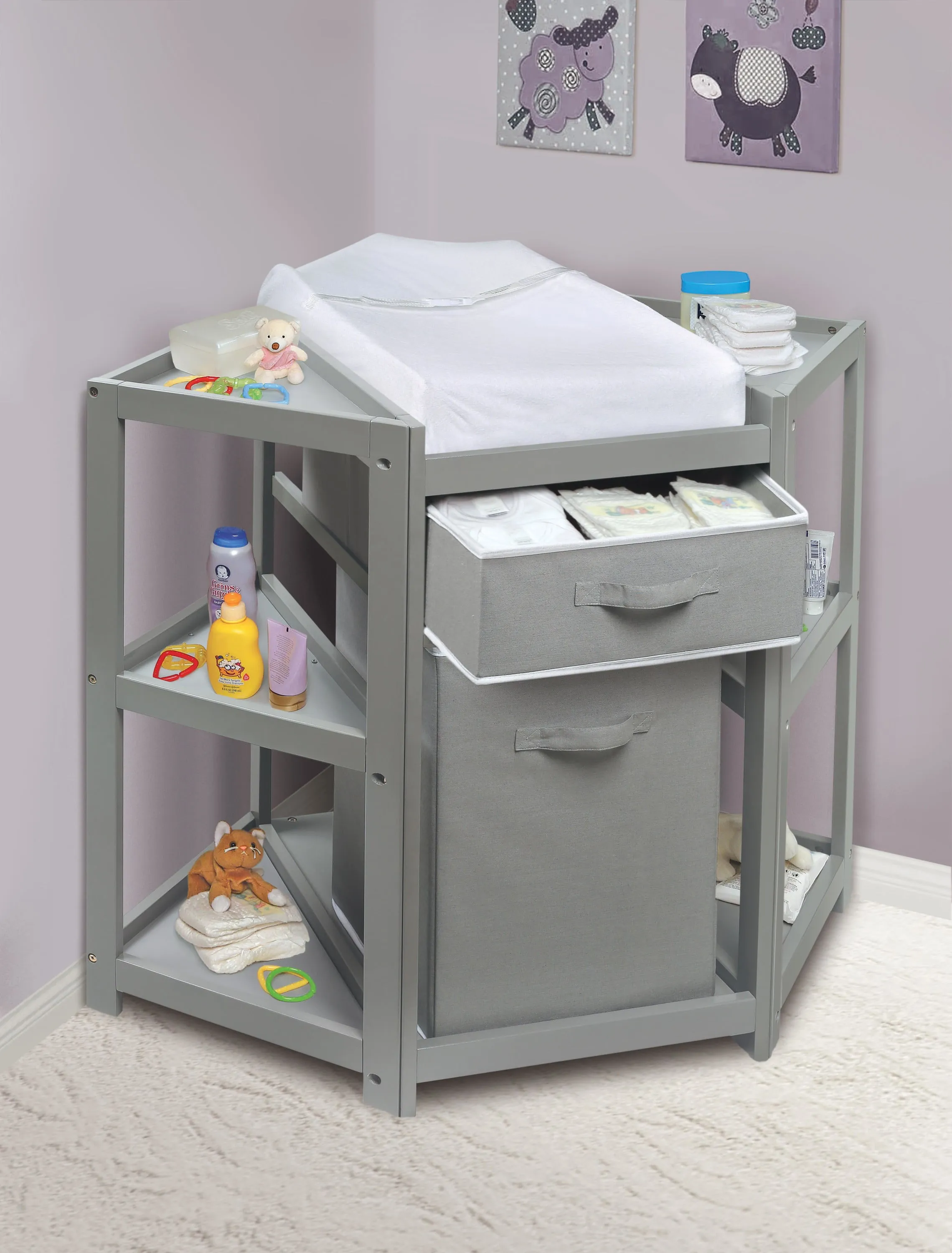 Badger Basket Diaper Corner Baby Changing Table with Hamper and Basket - Gray - Image 5