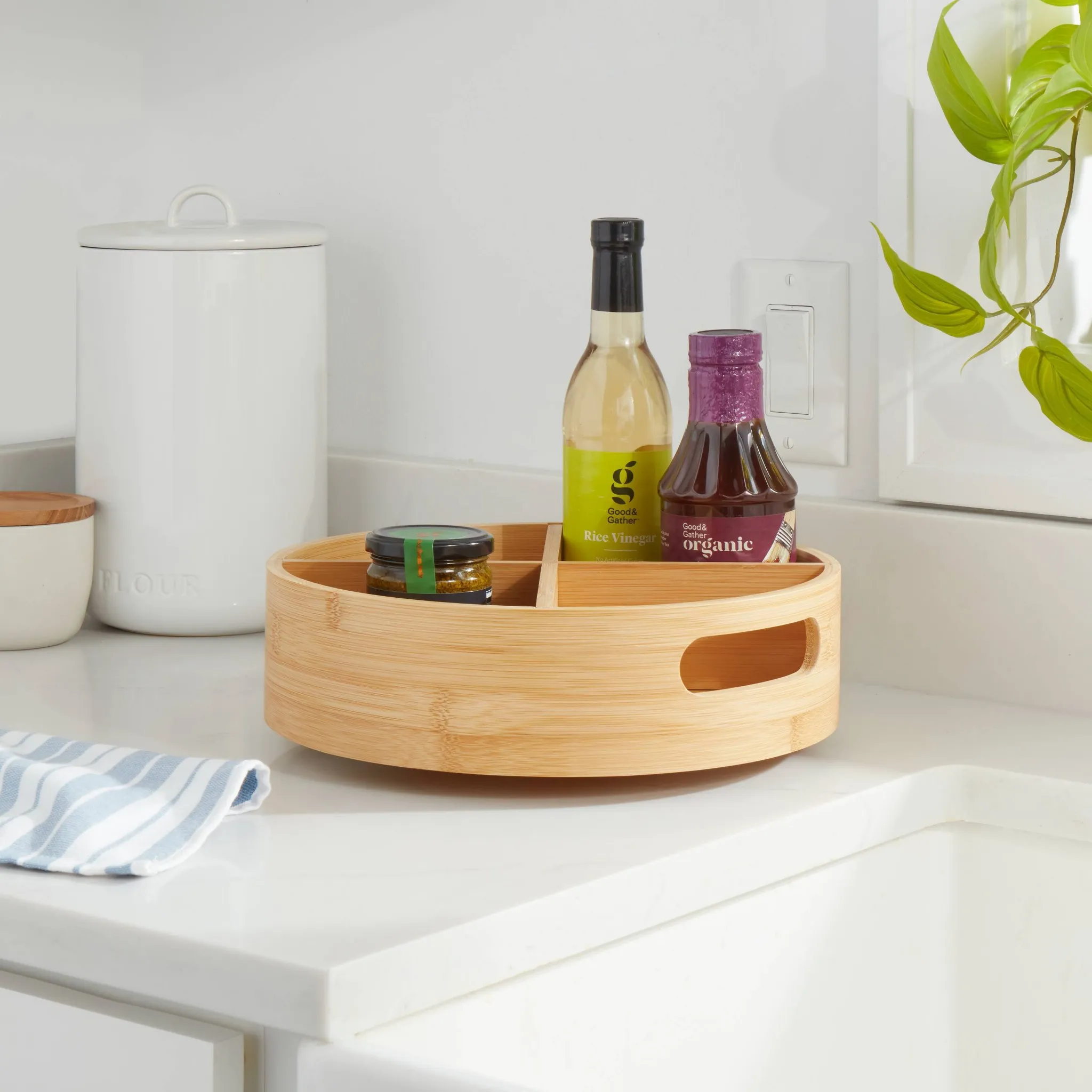 Bamboo 4 Compartment Lazy Susan Turntable with Dividers - Image 3