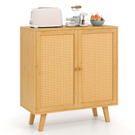 Bamboo Buffet Storage Cabinet With PE Rattan Doors and Freestanding Kitchen Cupboard-Natural - Image 4