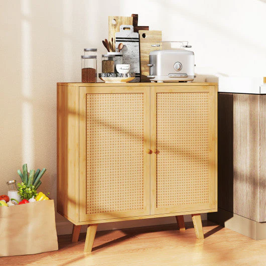 Bamboo Buffet Storage Cabinet With PE Rattan Doors and Freestanding Kitchen Cupboard-Natural - Image 6