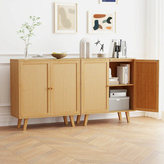 Bamboo Buffet Storage Cabinet With PE Rattan Doors and Freestanding Kitchen Cupboard-Natural - Image 7