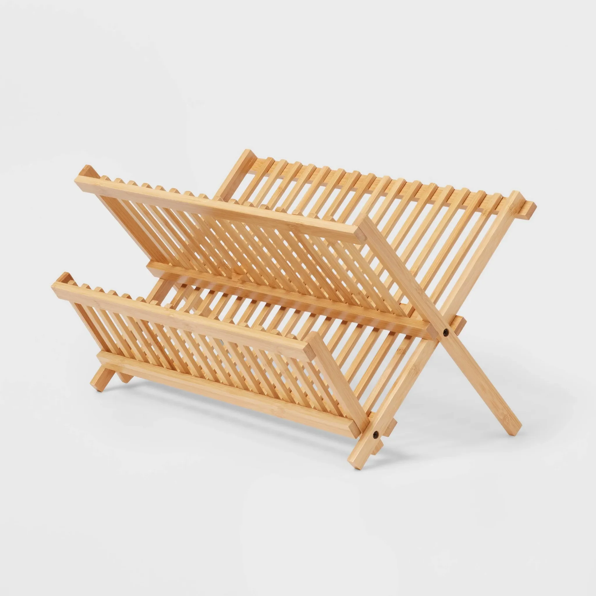 Bamboo Dish Drying Rack - Freestanding Varnished Design With Storage Folding Capability