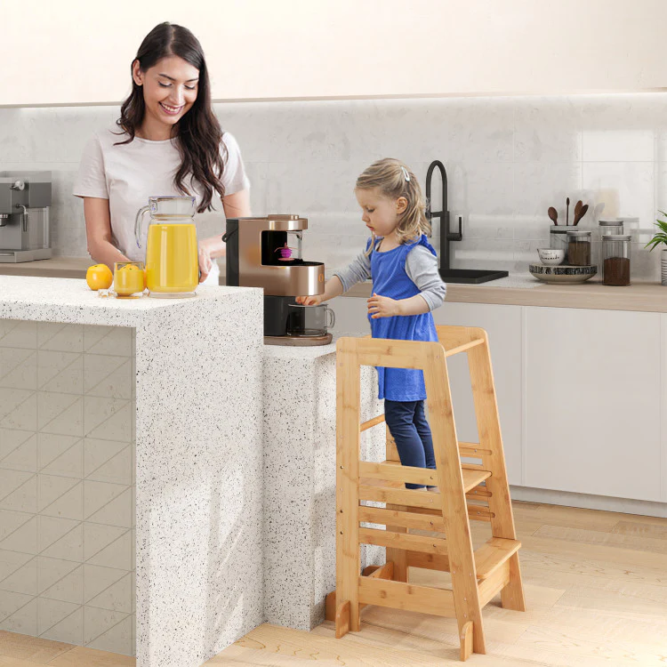 Bamboo Kids Kitchen Step Stool With Adjustable Height and Safety Rails-Natural - Image 6