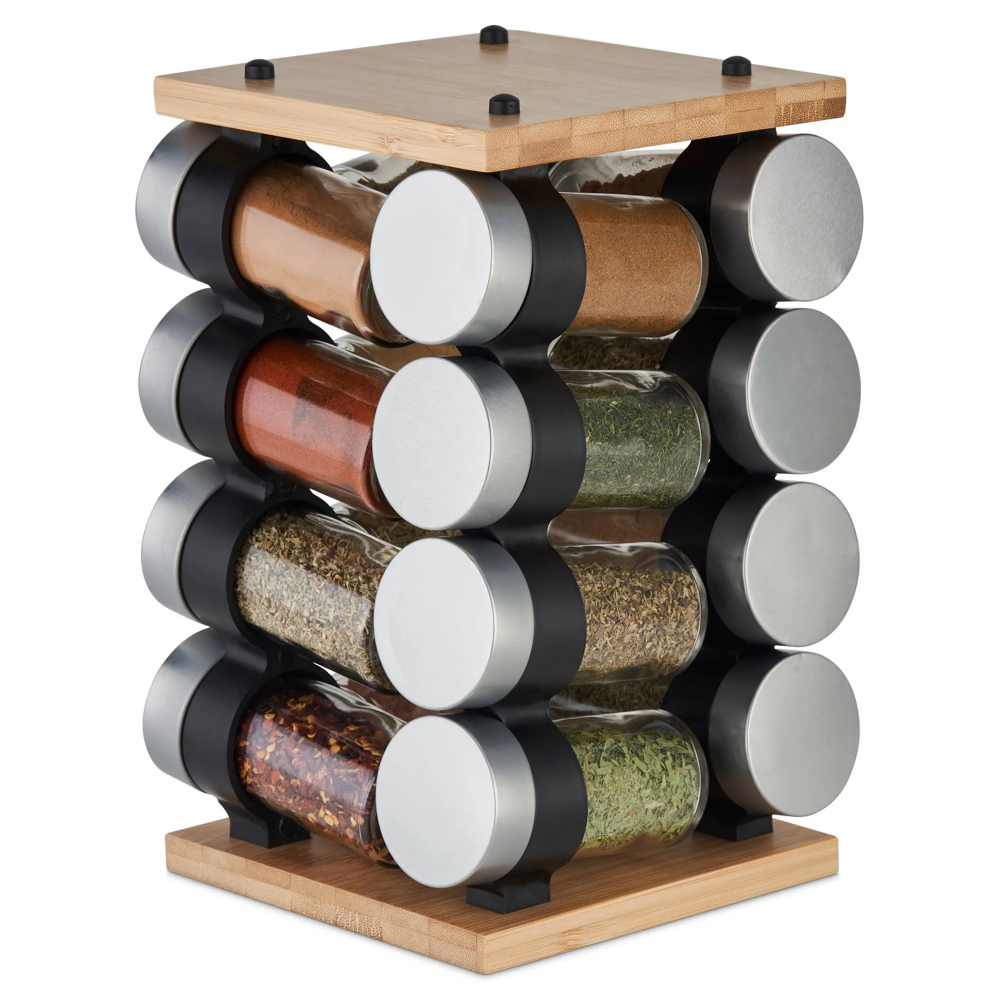 Bamboo Spice Rack - 16 Jar Set with Essential Seasonings