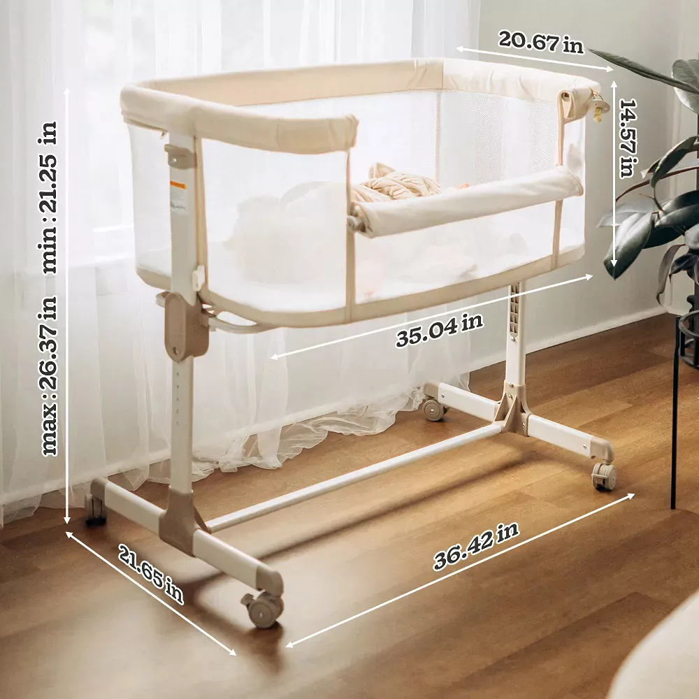 Bassinets Bedside Sleeper with Wheels, 7 Height Adjustable, Beige - Image 2