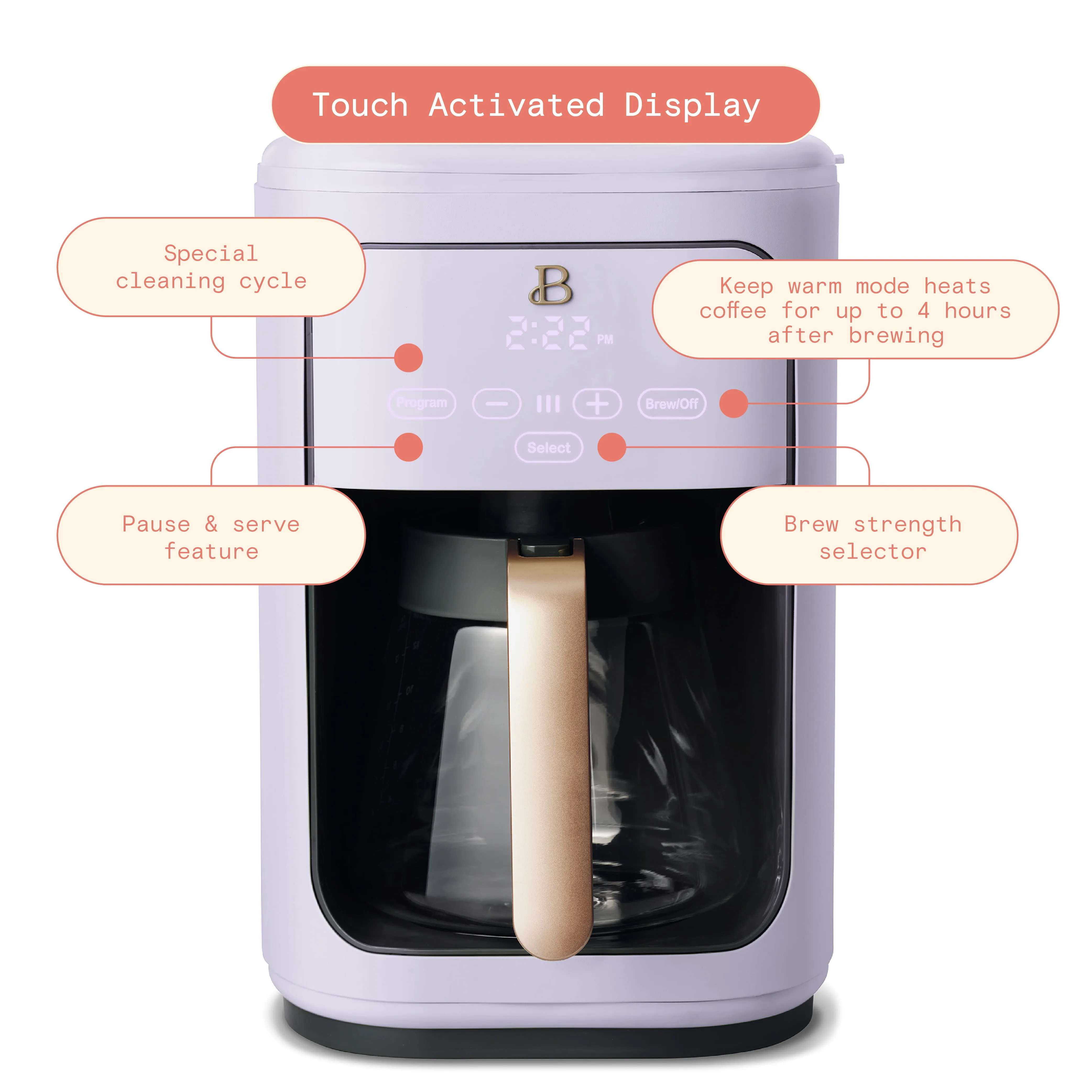 Beautiful 14-Cup Programmable Drip Coffee Maker with Touch-Activated Display, Lavender - Image 2