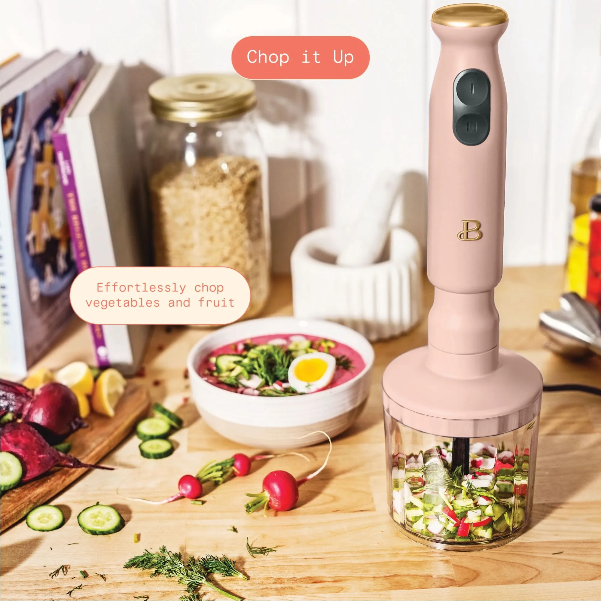 Beautiful by Drew Barrymore 2-Speed Immersion Blender with Chopper & Measuring Cup- Rose - Image 2